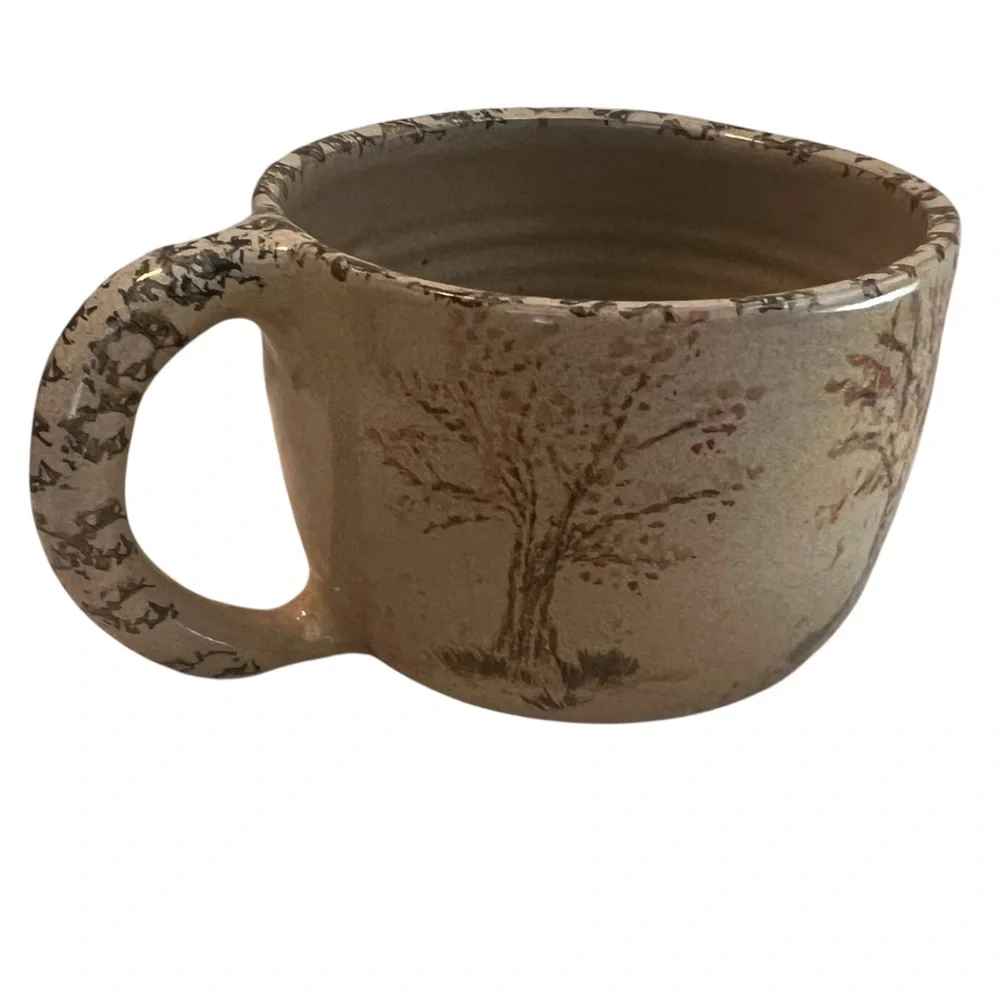 2001 Pigeon Switch Pottery Bowl with Handle Large Mug Trees Nature Hand Painted